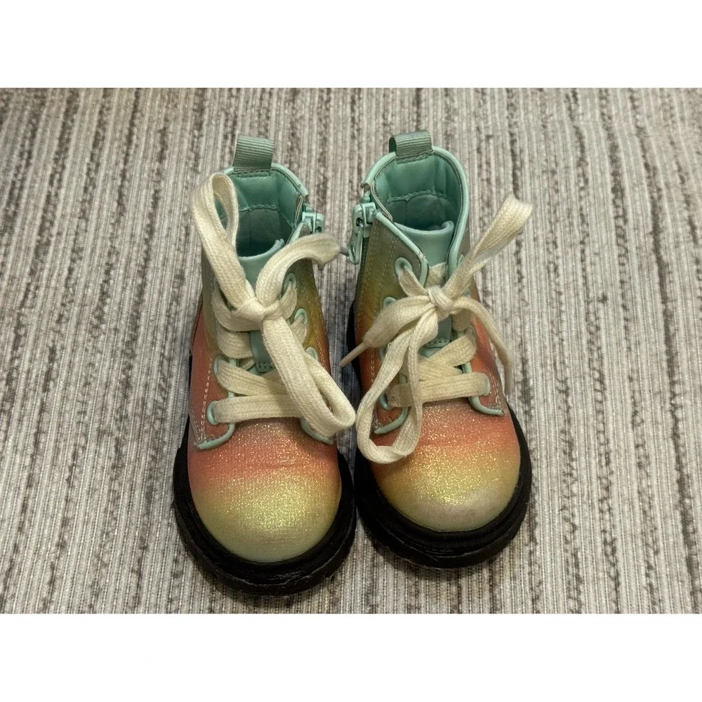 Cat & Jack Toddler Girls Size 5 Combat Boots Rainbow Glitter Lace Up Zip
